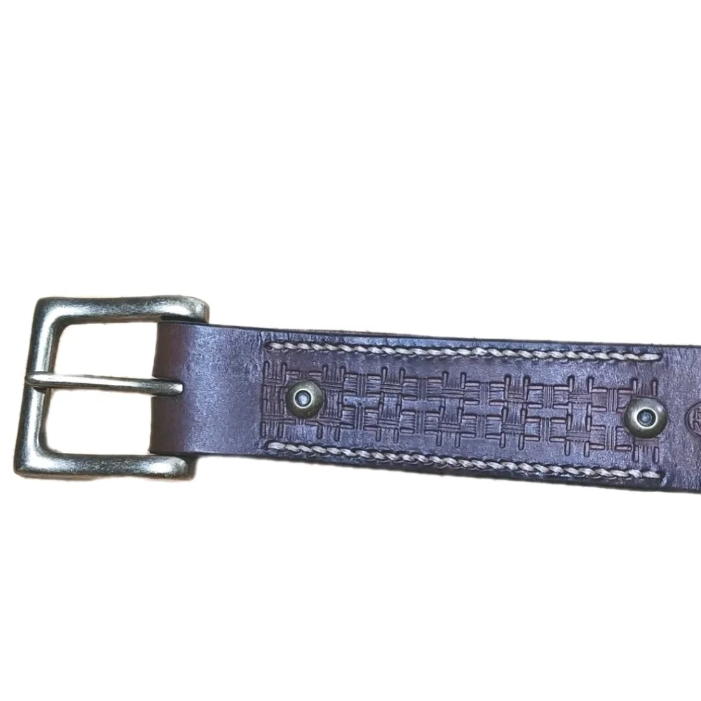 Vintage Western Texan Ranger Leather Belt Sq Brass Buckle Men 34-42 Width 1.5